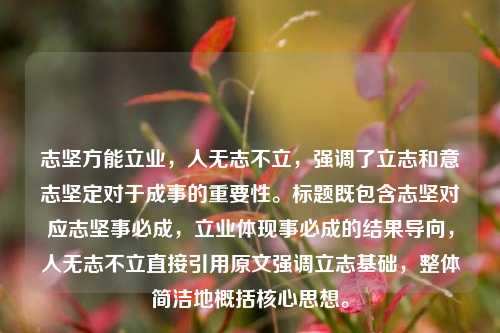 志坚方能立业，人无志不立，强调了立志和意志坚定对于成事的重要性。标题既包含志坚对应志坚事必成，立业体现事必成的结果导向，人无志不立直接引用原文强调立志基础，整体简洁地概括核心思想。